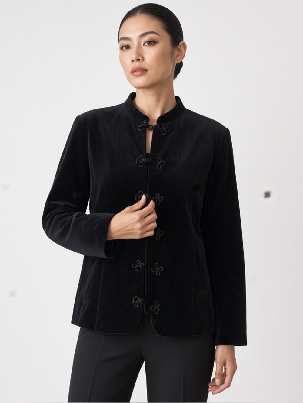 Vintage Appleseed's Black Velvet Mandarin-Collar Jacket